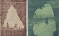 Left: A black-and-white photo taken from inside a pagoda, showing two figures standing in front of it, with their silhouettes framed by the triangular archway formed by the opening of the pagoda. Right: A black-and-white photo showing a boatman rowing his boat and entering the archway under a bridge.