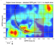 A detailed GPR grid of Gajtan lower terrace Unit 002 at 1.0-1.1m depth slice. It shows the location of Unit 002 and the perimeter of the circular mound.