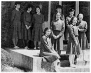 Takarazuka uniforms: Wartime and current. Top, Takarasiennes posing in their "national defense color" uniforms introduced in 1939, which served as the prototype for today's military-like uniforms worn by Academy students, bottom. As evident from their haircuts, the students are assigned their secondary genders at the end of their first semester at the Academy. From Hagiwara (1954:21) and Ueda (1986 [1976]: cover).