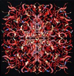 Figure 18. Mandala de Elegua (2005), 18” x 18” mixed media decoupage mandala vibrant red streams on canvas. Bright strands of color—most are a solid bright red, but some are multicolored patterns—emanate from the central point of the mandala on a black background.