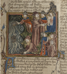 Photograph of an illuminated manuscript page with an illustration showing the conversion of Abraham.