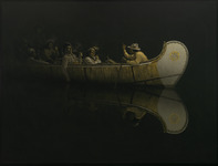 An oil painting of a group of voyageurs traveling at night in a birch-bark canoe.