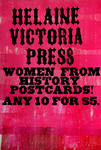 Sign example printed on reused, painted cardboard with two different large wood type fonts. The press name plus “Women From History Postcards! Any 10 for $5.”