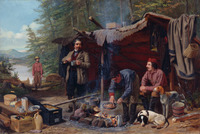 A painting of several figures cooking a meal next to a lean-to camp.