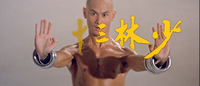 Animated yellow titles calligraphy is superimposed on a medium close-up of San Te standing outside, played by Gordon Liu. He practices the Hung Gar form "Tien Sin Kuen" or "Iron Wire Form" using iron rings. The characters appear one by one.