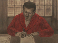 An illustration has a man in a red sweater writing calligraphy on paper at a desk.