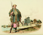 A Chinese soldier, dressed in quilted grey armor and armed with a matchlock gun, stands in front of a military fortress.