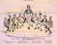 Caricature of Uncle Sam dancing with eight national personifications, representing other countries at the Chicago World’s Fair.