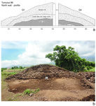 A drawing of the north wall profile of the tumulus 88 and its respective photograph, top and bottom, labeled a and b. The left part of the drawing is quadrant 1 and is broken down into modern fill, loose dark soil, large rocks; and dark soil — from top to bottom. The right is quadrant 4 with the aforementioned parts plus brown soil.