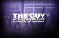A screen grab from the Six Degrees website with the words "The guy at the coffee shop will soon be your good friend" written in white letters on top of a blurry, purple image of various people hurrying along a city street.