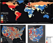 Three maps display the spatial distribution of COVID-19 per 100,000 people in the world, in the United States, and in Ohio as of July 2022.