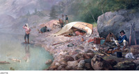 A painting of a group of voyageurs at camp in the morning.