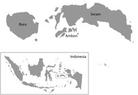 A map of South Maluku showing where Ambon is situated. The map of South Maluku is shown inserted in another map of Indonesia.