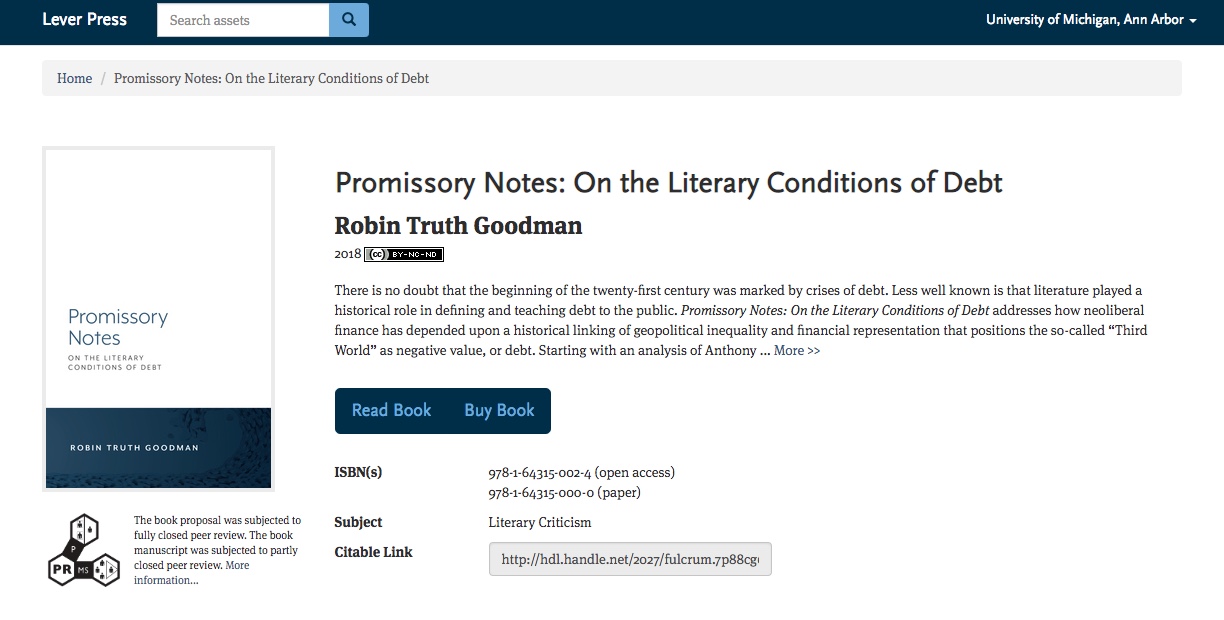 Screenshot of Promissory Notes on Fulcrum, showing the book summary page with Creative Commons license and Peer Review status icons.
